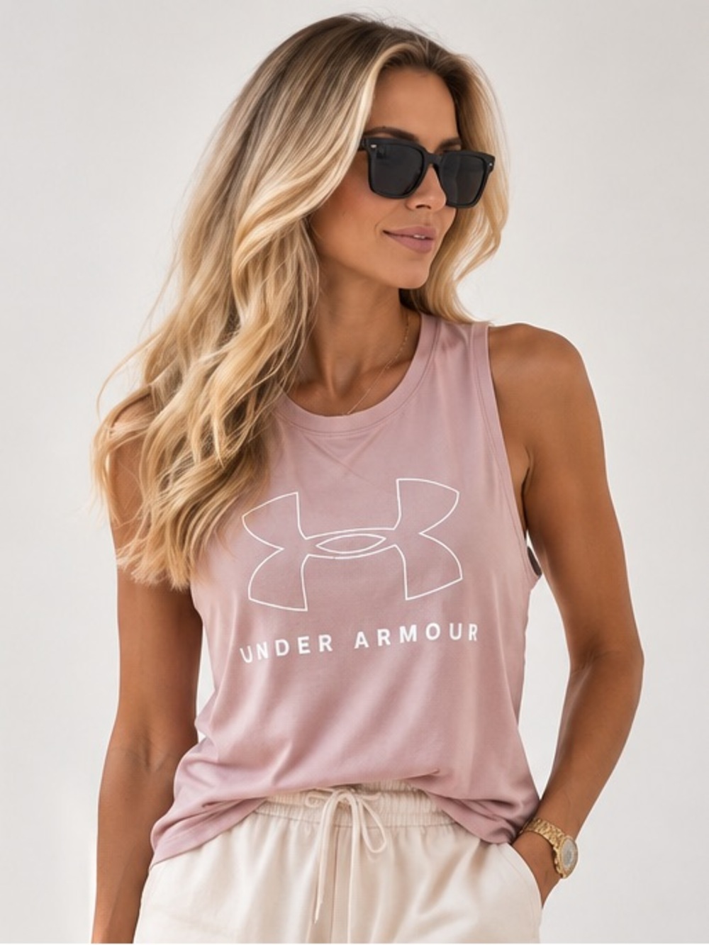 $85 Under Armour HeatGear Blush Pink Logo Muscle Tank – Size Large – NWT